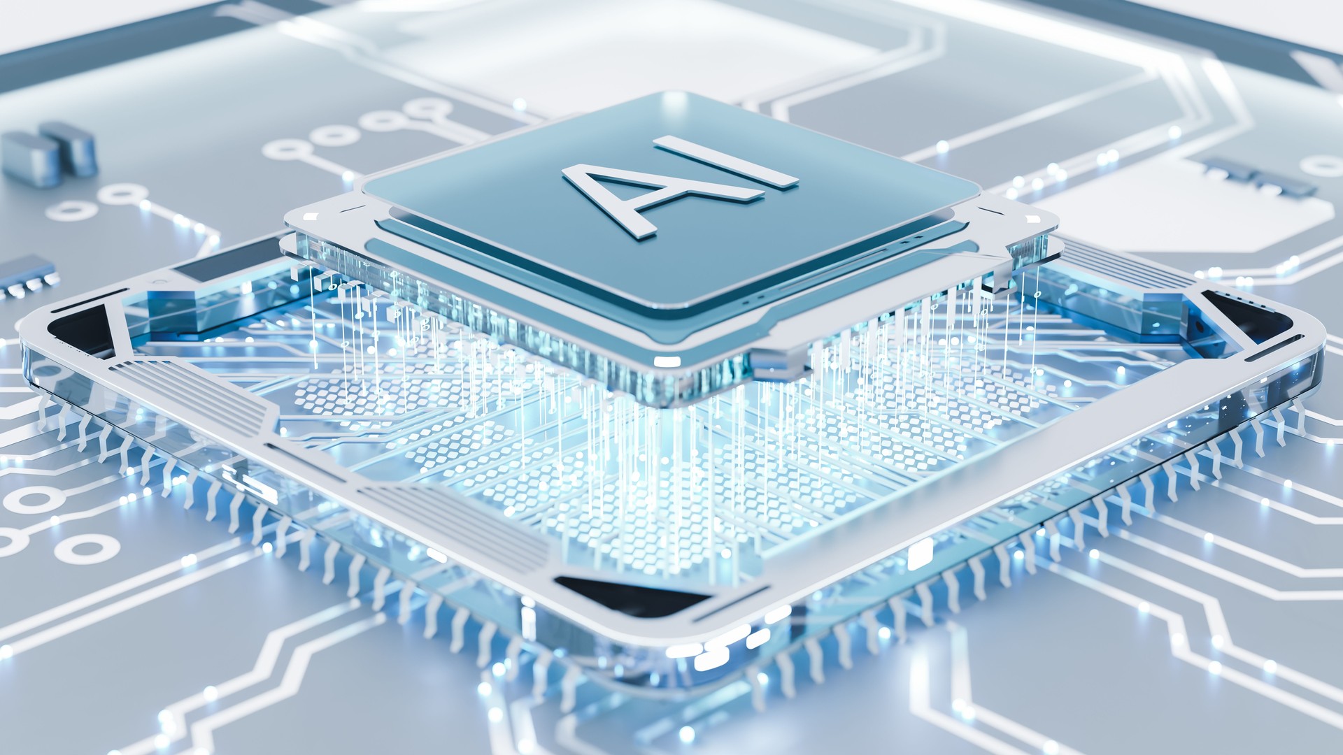 CPU connection with motherboard. AI accelerated microchip connecting with white PCB. Chip activates circuit board. Semiconductor metle surface.