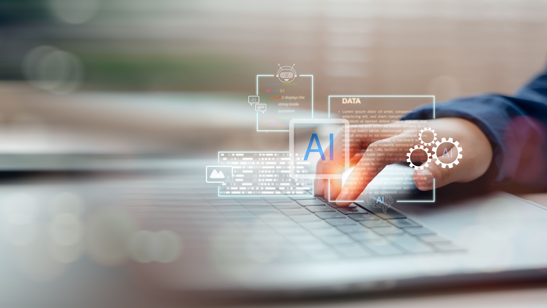 Hand interacting with virtual AI assistant on laptop keyboard. Concept of artificial intelligence in data analysis, automation, machine learning, and digital transformation.