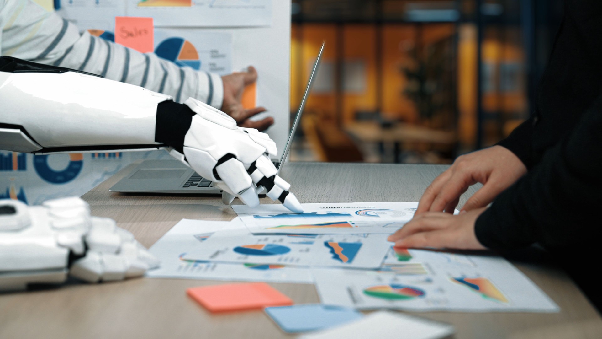 Collaborative Interaction Between Human and Robot in Data Analysis Environment Showcasing Technology's Impact on Business Decision Making and Strategic Planning. Noogenesis
